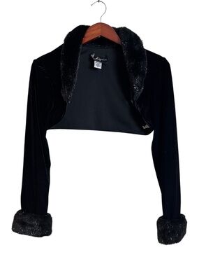 Y2K JS Collections Black Velvet Faux Fur Trimmed Bolero Jacket Shrug Sz. Medium